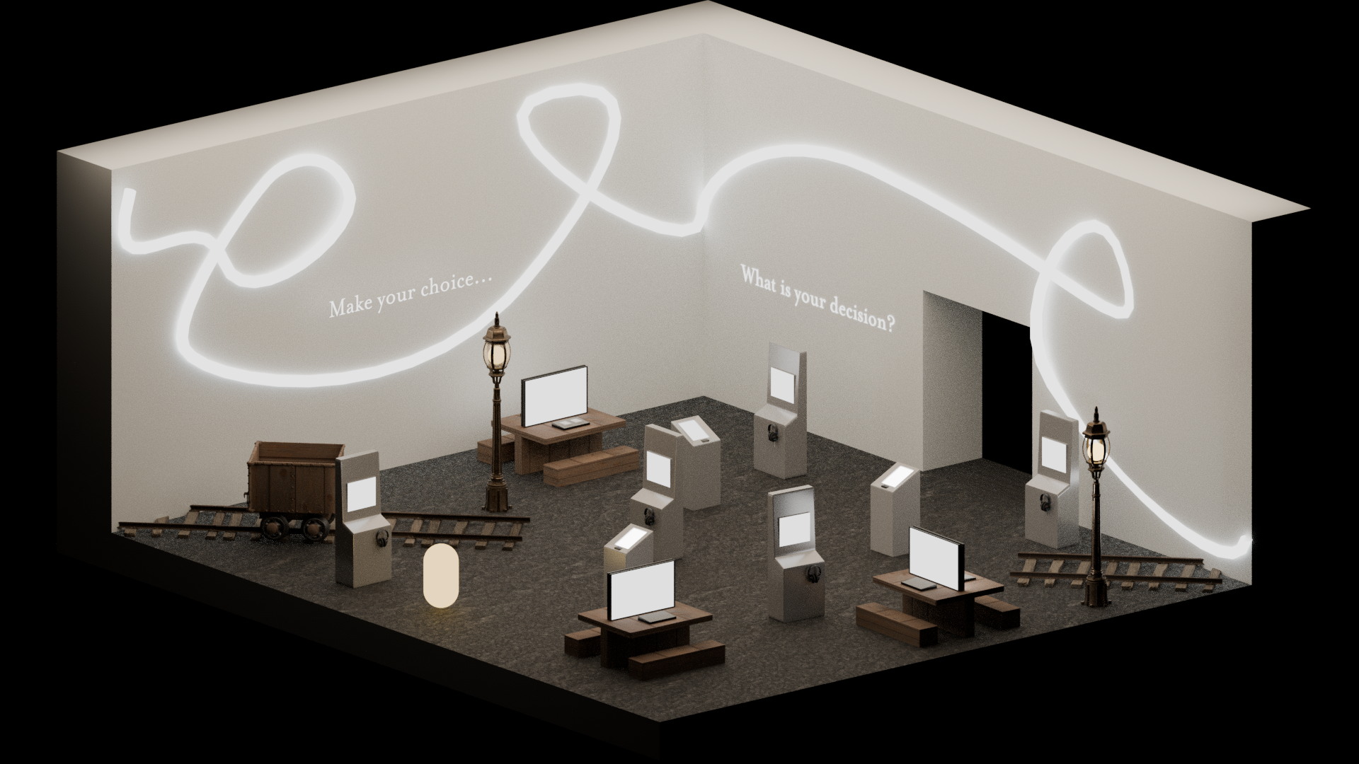 Trolley problem room mockup